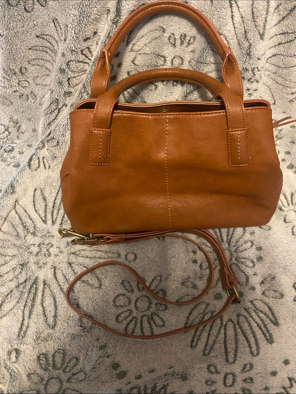 Women’s Tan Satchel with Top Handles and Crossbody Strap